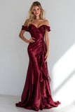 Mermaid Off the Shoulder Burgundy Long Formal Dress with Ruffles