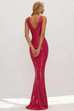 Metallic Fuchsia Mermaid Ruched V Neck Formal Dress