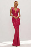 Metallic Fuchsia Mermaid Ruched V Neck Formal Dress