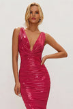 Metallic Fuchsia Mermaid Ruched V Neck Formal Dress