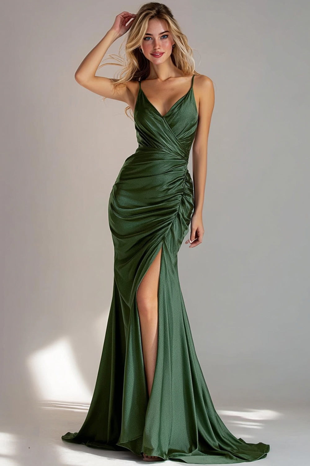 Wedtrend Women Dark Green Mermaid Formal Dress Ruched Spaghetti Straps Long Wedding Guest Dress with Slit, Dark Green / US26W Wedtrend Women Dark Green Mermaid Formal Dress Ruched Spaghetti Straps Long Wedding Guest Dress with Slit, Dark Green / US26W