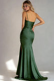 Dark Green Mermaid Ruched Spaghetti Straps Formal Dress with Slit
