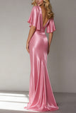 Pink Mermaid V Neck Satin Long Wedding Guest Dress with Sleeves