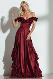 Off the Shoulder Burgundy A Line Formal Dress with Ruffles