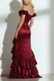Off the Shoulder Burgundy A Line Formal Dress with Ruffles