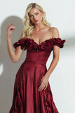 Off the Shoulder Burgundy A Line Formal Dress with Ruffles