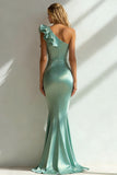 Elegant Navy One Shoulder Mermaid Satin Long Formal Dress