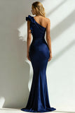 Elegant Navy One Shoulder Mermaid Satin Long Formal Dress