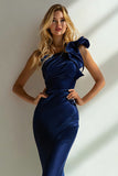 Elegant Navy One Shoulder Mermaid Satin Long Formal Dress