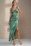 Emerald Green Sheath Square Neck Satin Midi Wedding Guest Dress with Slit