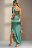 Emerald Green Sheath Square Neck Satin Midi Wedding Guest Dress with Slit