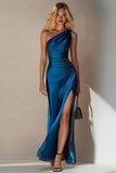 Simple Royal Blue One Shoulder Long Wedding Guest Dress with Slit