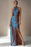 Electric Blue Halter Mermaid Long Wedding Guest Dress with Slit