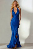 Royal Blue Mermaid Halter Ruffle Formal Dress with Slit