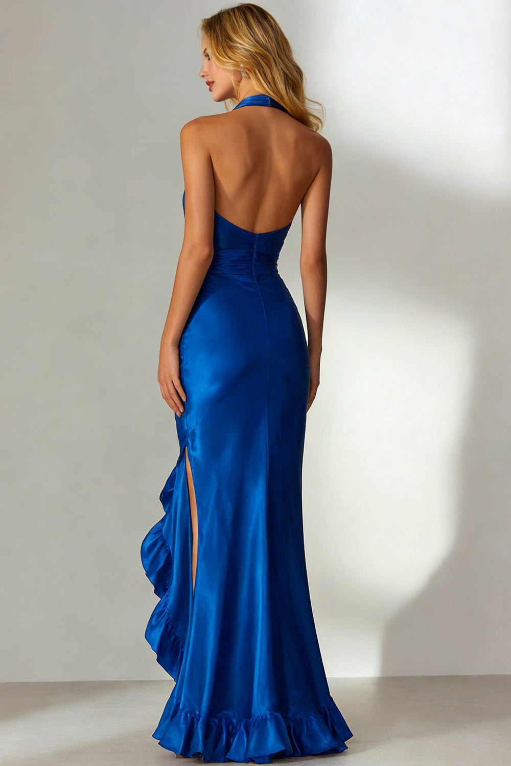 WEDTREND Women Royal Blue Halter Formal Dress Mermaid Ruffle Satin Long Wedding Guest Dress with Slit WEDTREND Women Royal Blue Halter Formal Dress Mermaid Ruffle Satin Long Wedding Guest Dress with Slit