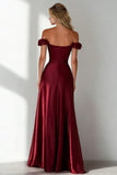 Burgundy A Line Off the Shoulder Long Formal Dress with Slit