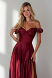 Burgundy A Line Off the Shoulder Long Formal Dress with Slit