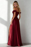Burgundy A Line Off the Shoulder Long Formal Dress with Slit