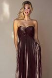 A Line Coffee Sweetheart Pleated Long Wedding Guest Dress