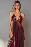 Metallic Coffee A Line Halter Pleated Long Wedding Guest Dress