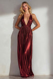Burgundy A Line Deep V Neck Halter Pleated Wedding Guest Dress