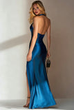 Ink Blue Mermaid Satin Halter Long Wedding Guest Dress with Slit