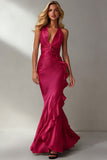 Fuchsia V Neck Mermaid Ruffle Satin Formal Dress