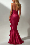 Fuchsia V Neck Mermaid Ruffle Satin Formal Dress
