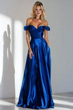 Off the Shoulder Royal Blue A Line Ruched Formal Dress
