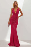 Glitter Fuchsia Mermaid V Neck Ruched Long Formal Dress
