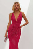 Glitter Fuchsia Mermaid V Neck Ruched Long Formal Dress
