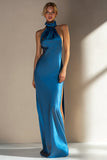 Ink Blue Halter Mermaid Satin Wedding Guest Dress with Slit