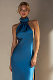 Ink Blue Halter Mermaid Satin Wedding Guest Dress with Slit