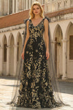 Black Golden A Line V Neck Long Prom Dress with Streamer