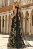 Black Golden A Line V Neck Long Prom Dress with Streamer