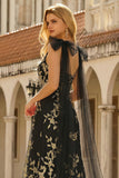 Black Golden A Line V Neck Long Prom Dress with Streamer