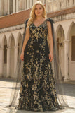 Black Golden A Line V Neck Long Plus Size Prom Dress with Streamer