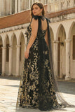 Black Golden A Line V Neck Long Plus Size Prom Dress with Streamer