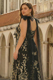 Black Golden A Line V Neck Long Plus Size Prom Dress with Streamer