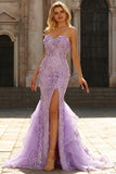 Lilac Sweetheart Mermaid Sequin 3D Flowers Long Prom Dress with Slit