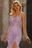 Lilac Sweetheart Mermaid Sequin 3D Flowers Long Prom Dress with Slit