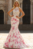 White Fuchsia Flower High Neck Mermaid Lace Corset Long Prom Dress