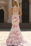 White Fuchsia Flower High Neck Mermaid Lace Corset Long Prom Dress