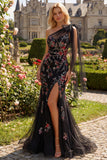 One Shoulder Black Floral Sequin Mermaid Long Prom Dress with Slit
