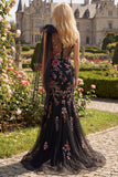 One Shoulder Black Floral Sequin Mermaid Long Prom Dress with Slit