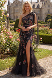One Shoulder Black Floral Sequin Mermaid Long Prom Dress with Slit