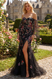 Off the Shoulder Black Floral Sequin Mermaid Long Prom Dress with Slit