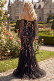 Off the Shoulder Black Floral Sequin Mermaid Long Prom Dress with Slit