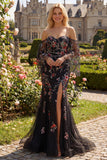 Off the Shoulder Black Floral Sequin Mermaid Long Prom Dress with Slit
