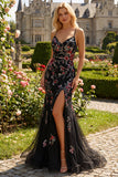 Black Floral Spaghetti Straps Mermaid Sequin Long Prom Dress with Slit